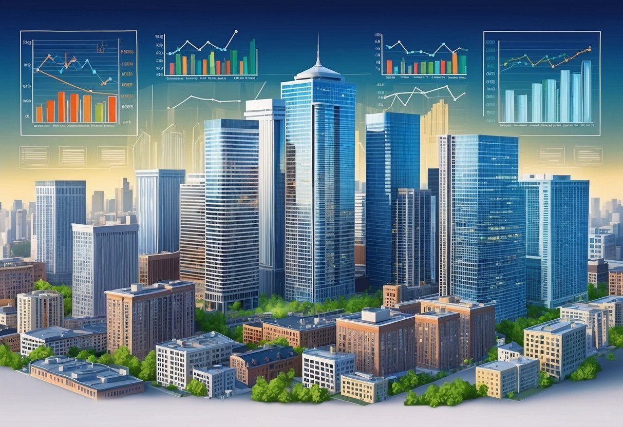 A bustling city skyline with high-rise office buildings and apartment complexes, surrounded by charts and graphs representing financial data