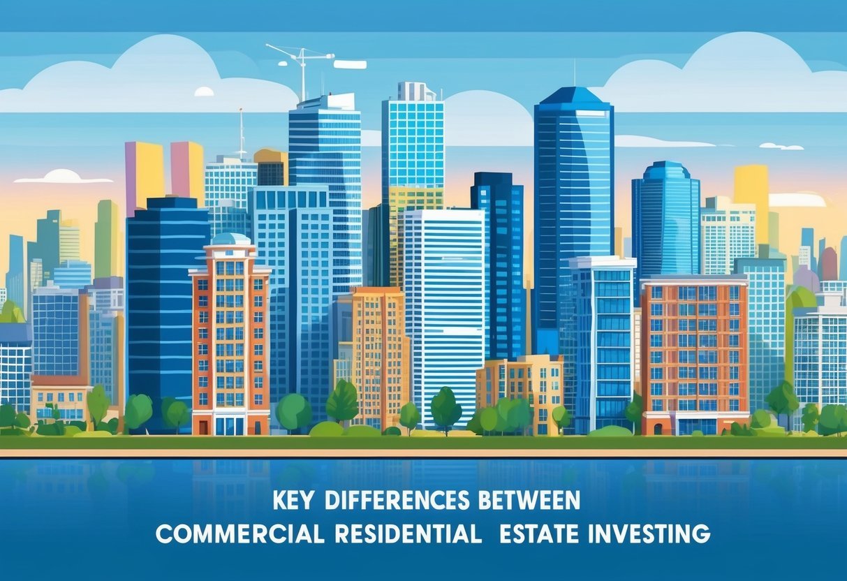 A bustling city skyline with a mix of high-rise office buildings and residential apartments, showcasing the key differences between commercial and residential real estate investing