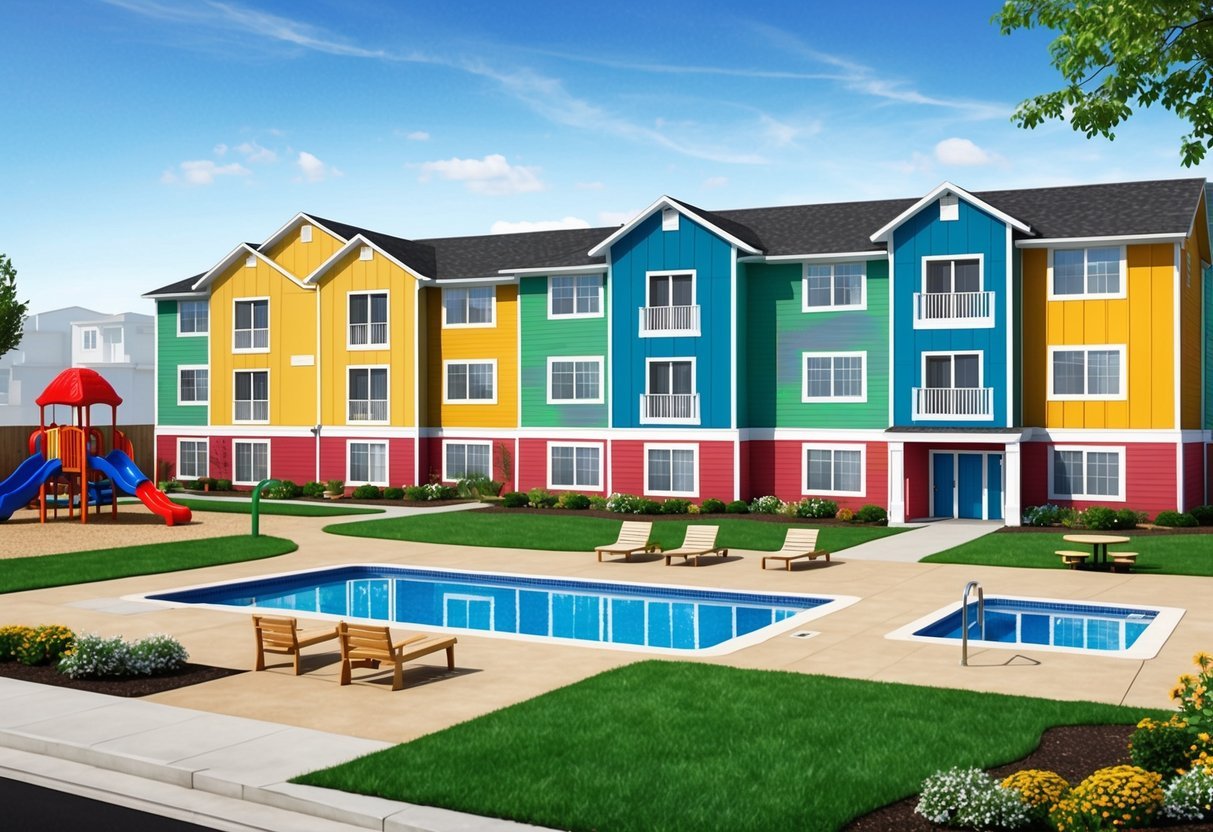 A well-maintained rental property with amenities such as a playground, swimming pool, and communal areas.</p><p>Brightly colored buildings with landscaped gardens and clean, inviting entrances