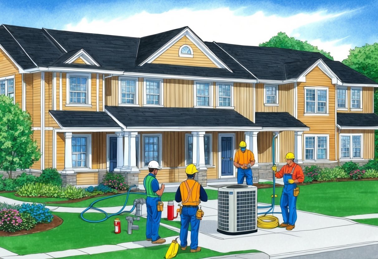 A property management company overseeing maintenance tasks for a residential building, including landscaping, HVAC, plumbing, and exterior repairs