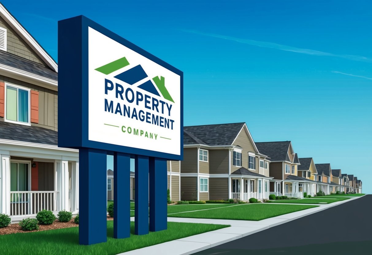 A property management company logo on a billboard overlooking a row of well-maintained rental properties