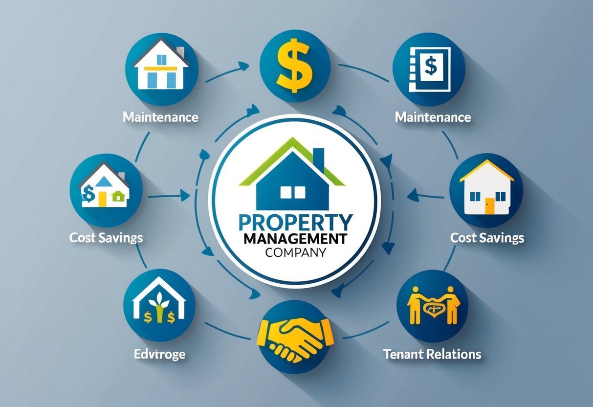 A property management company logo surrounded by icons representing the benefits, such as a house for maintenance, a dollar sign for cost savings, and a handshake for tenant relations