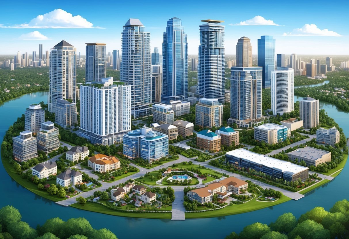 Aerial view of a modern city with skyscrapers on a river island