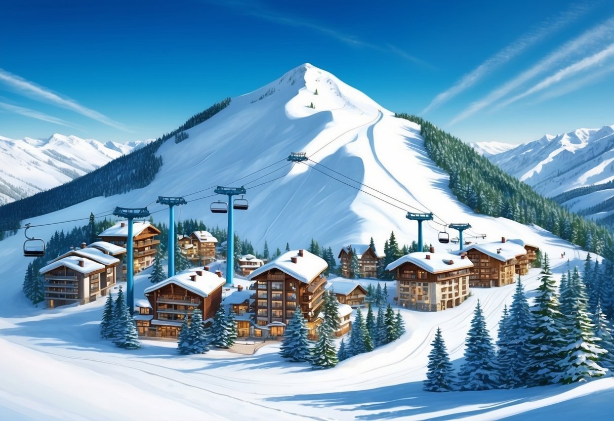 Snowy mountain resort with ski lifts, chalets, and a clear blue sky