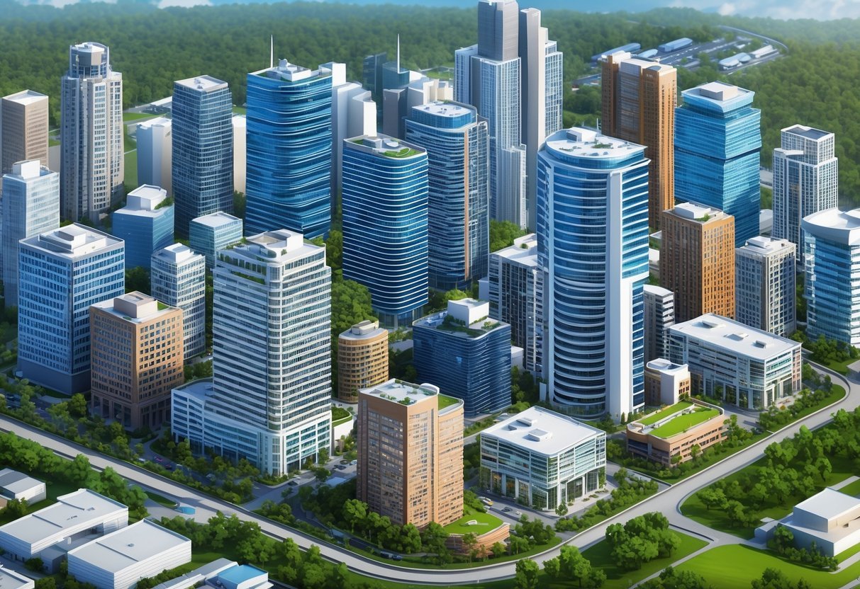 A bustling city skyline with various types of real estate properties, including office buildings, apartment complexes, and shopping centers, surrounded by greenery and modern infrastructure