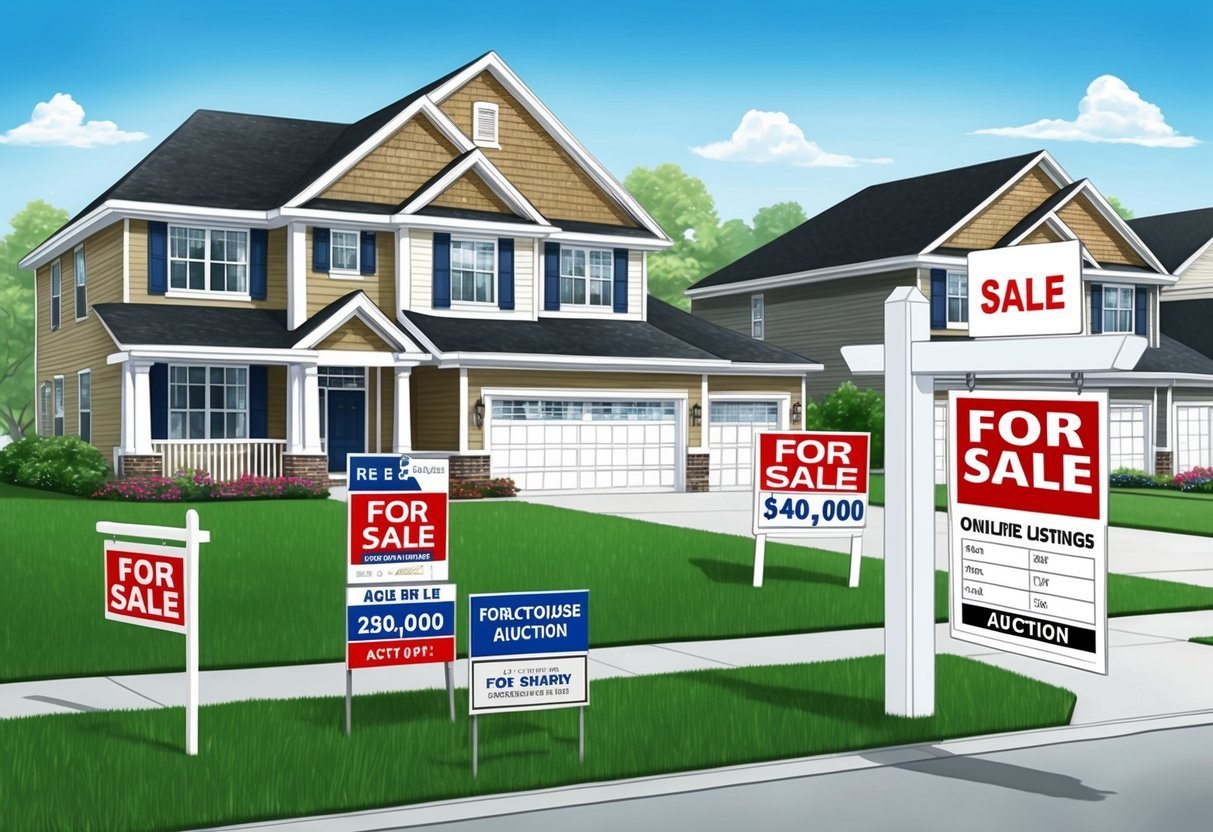 Houses for sale with signs in front, including auction and price listings