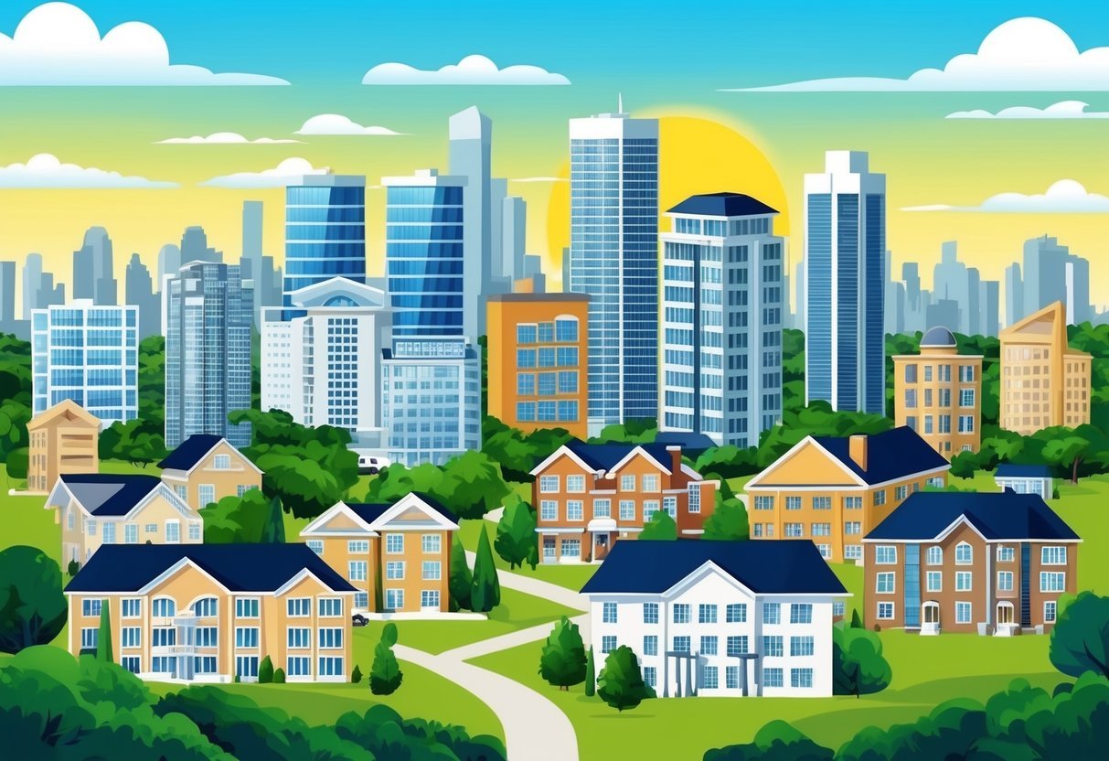 A city skyline with various types of real estate properties, such as houses, apartments, and commercial buildings, surrounded by greenery and a bright, sunny sky