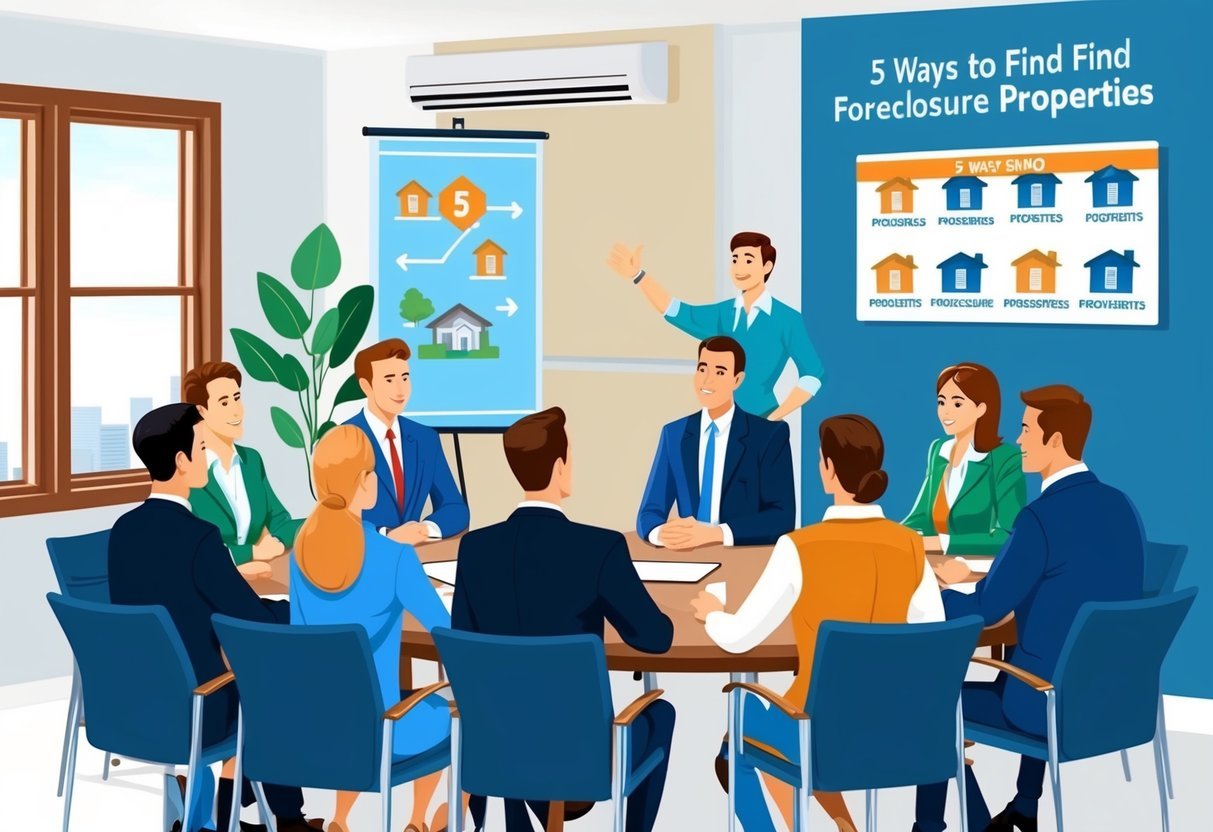 A group of people gather in a meeting room, discussing real estate investments.</p><p>A chart on the wall shows 5 ways to find foreclosure properties