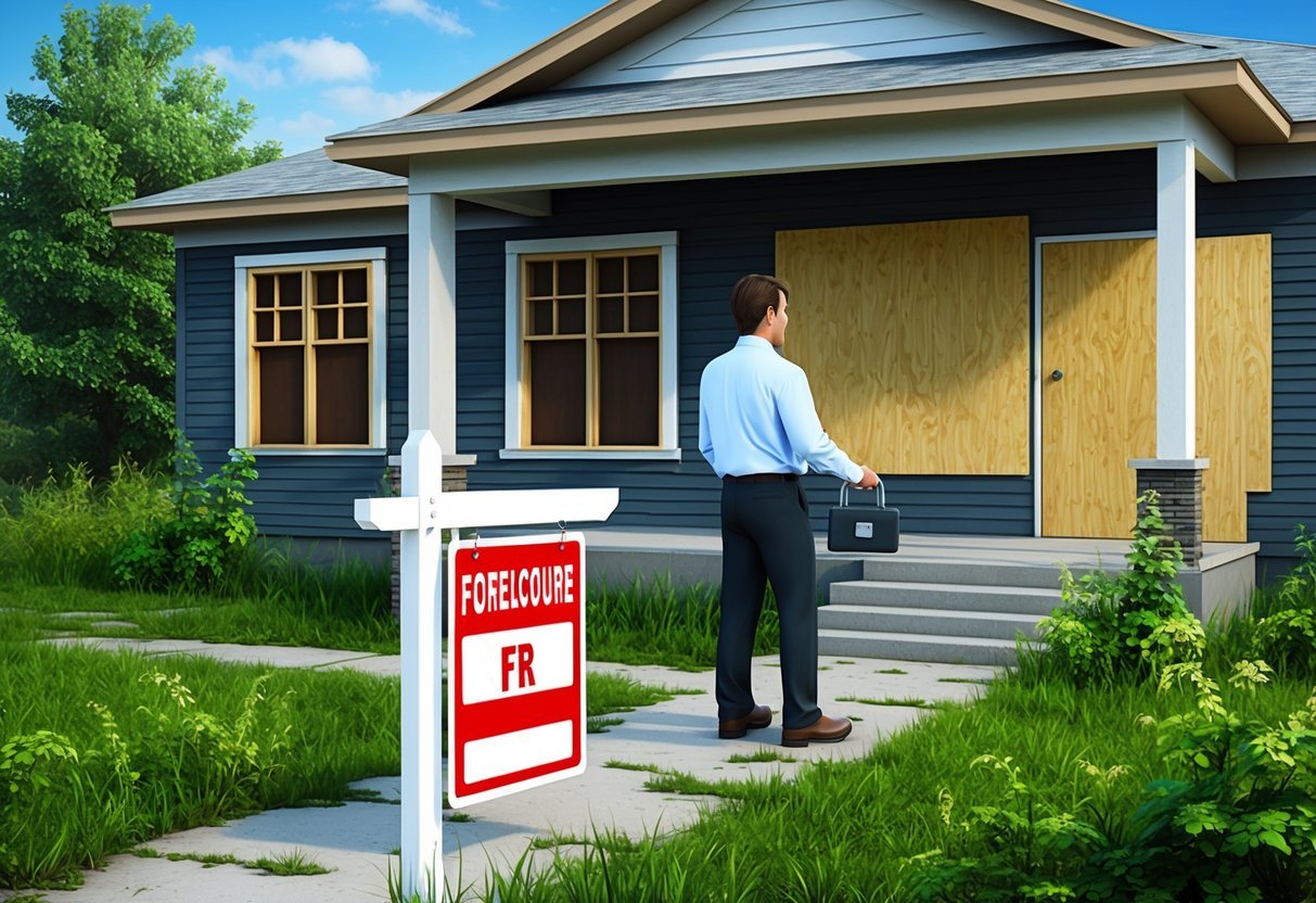 An abandoned house with boarded-up windows and overgrown yard.</p><p>A "foreclosure" sign is posted in front.</p><p>A real estate agent is placing a lockbox on the door