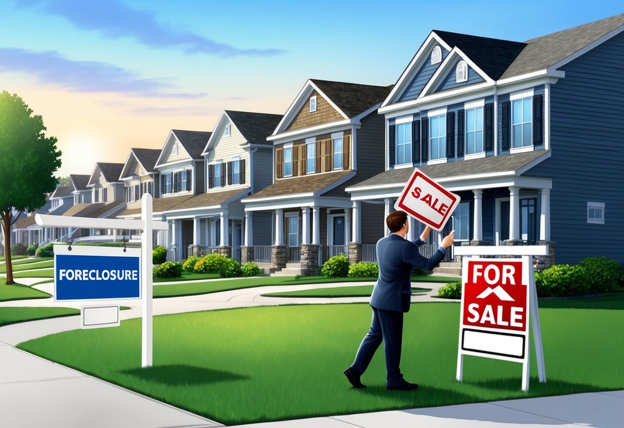 A suburban neighborhood with "foreclosure" signs on several houses, a real estate agent placing a "for sale" sign in front of a distressed property