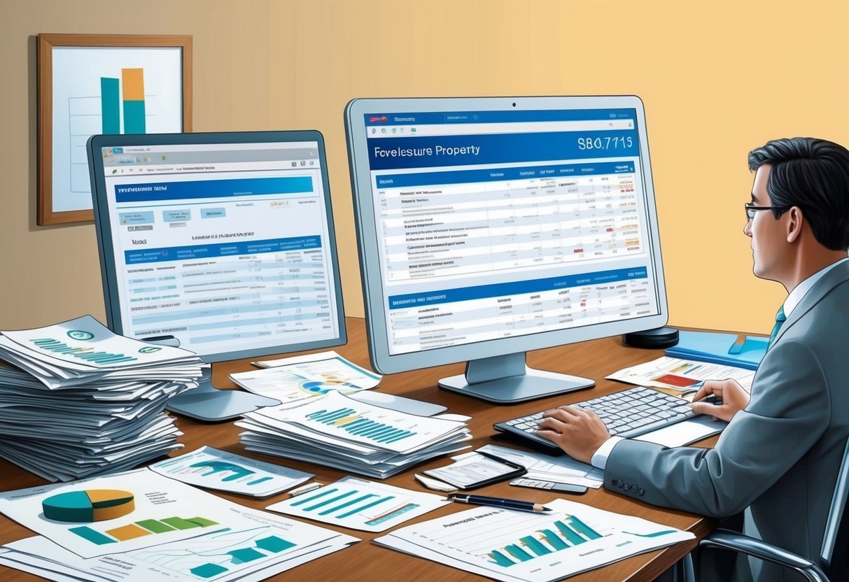 A desk cluttered with financial documents and charts, a computer screen displaying foreclosure property listings, and a person researching investment strategies