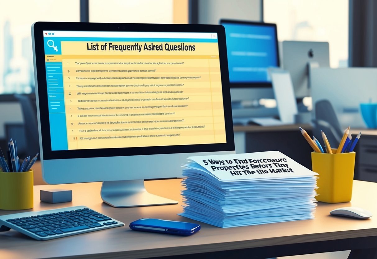 A busy office desk with a computer screen displaying a list of frequently asked questions and a stack of papers labeled "5 Ways to Find Foreclosure Properties Before They Hit the Market."