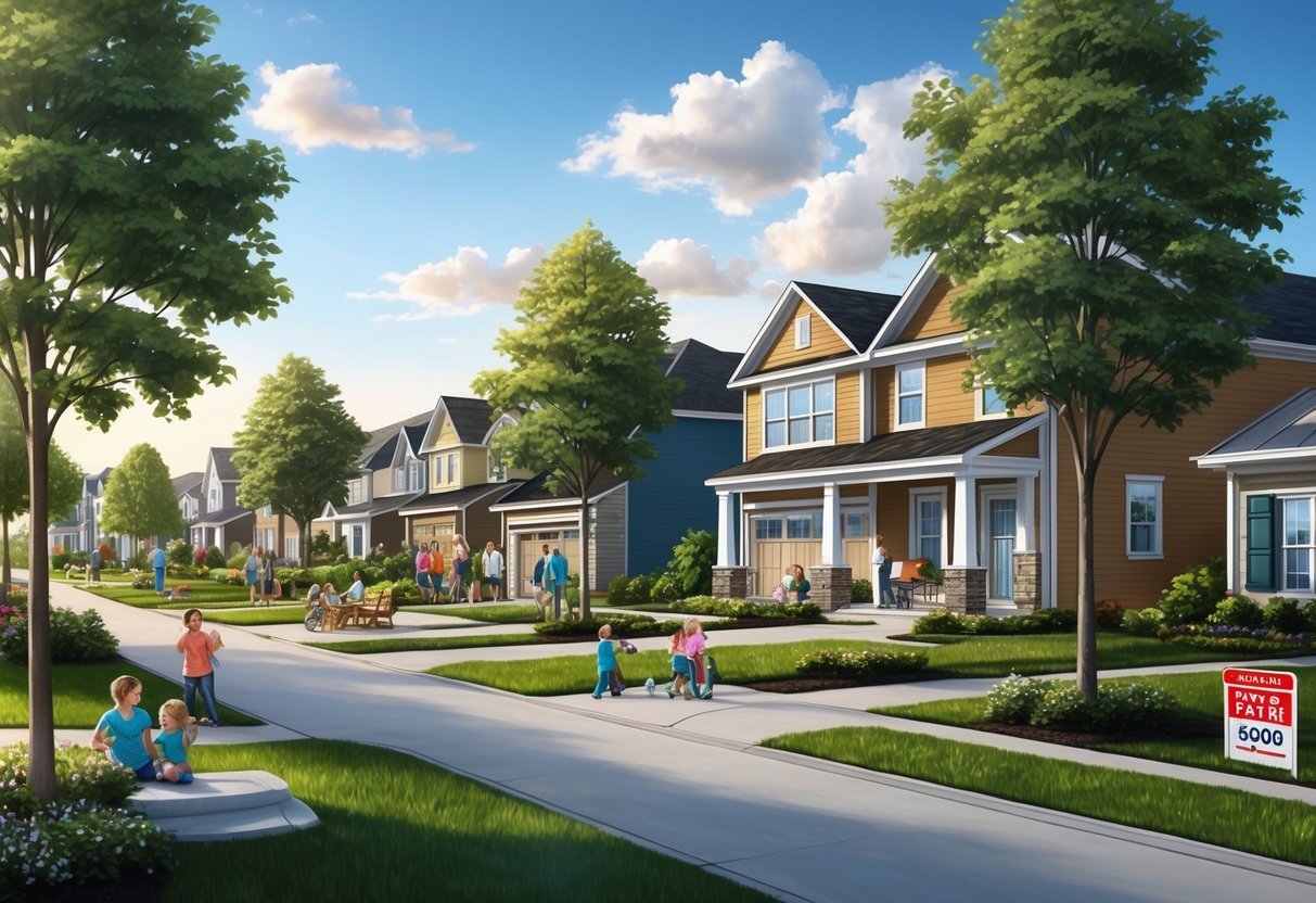 A bustling suburban neighborhood with new construction, families enjoying parks and amenities, and real estate signs indicating growth and potential