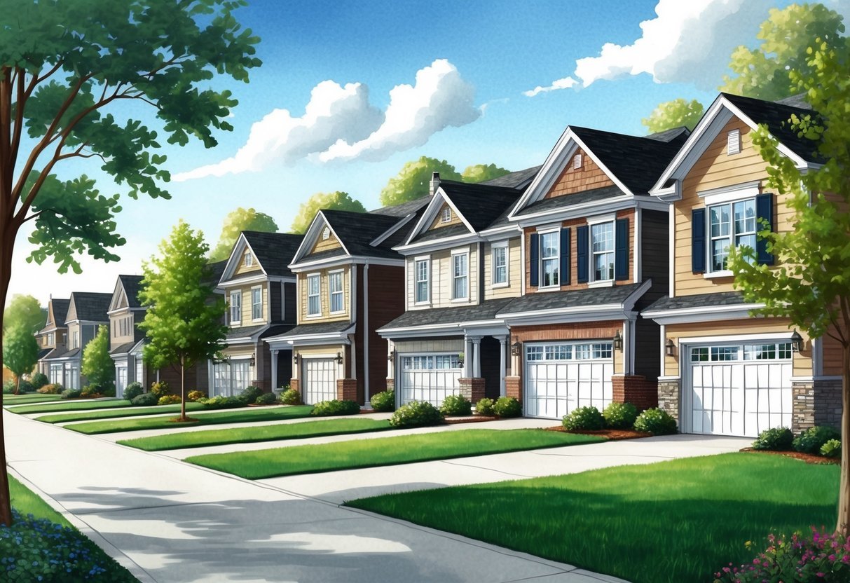 A row of suburban houses with increasing property values, surrounded by growing trees and well-maintained yards