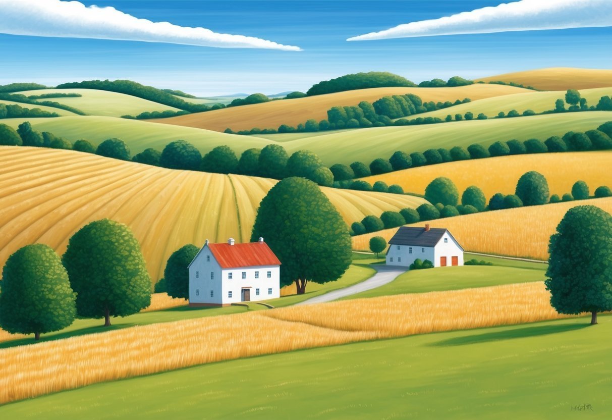 Rolling hills with wheat fields, two houses, and trees under a blue sky