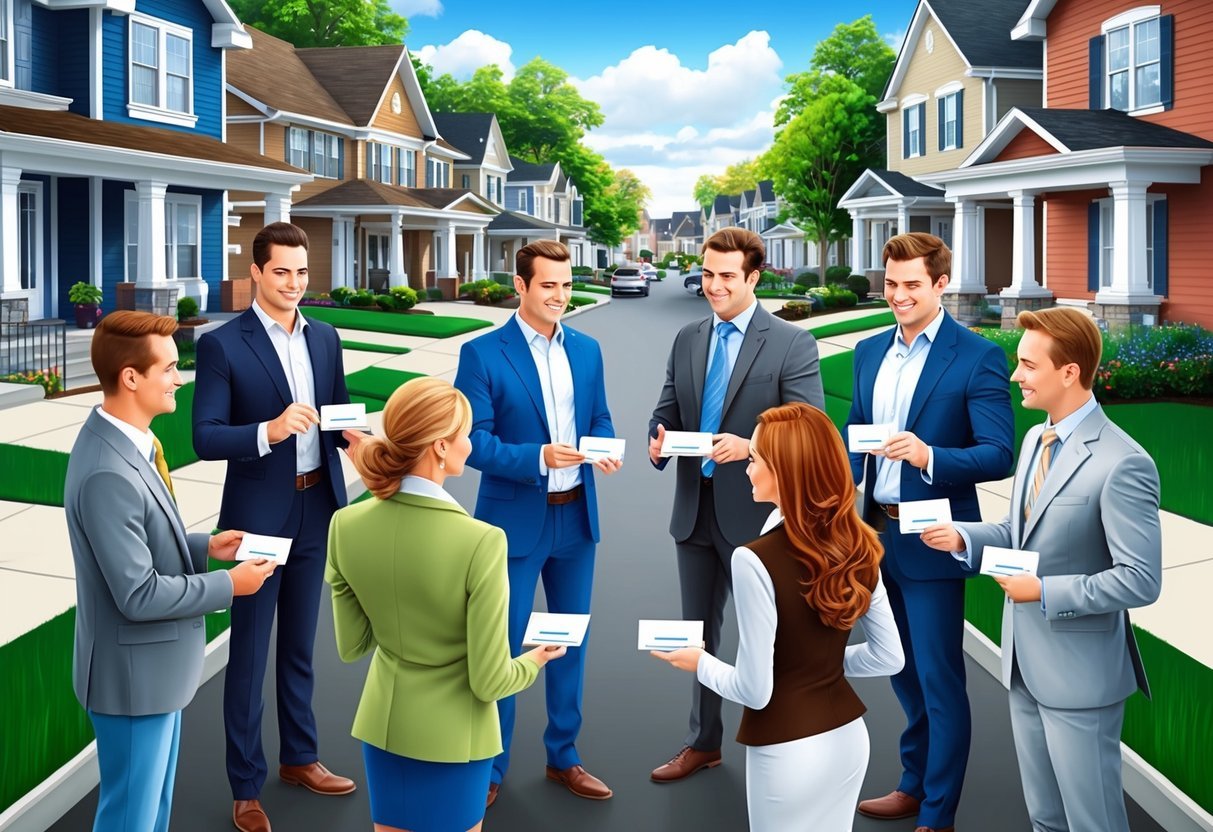 A group of real estate agents gather in a bustling suburban neighborhood, exchanging business cards and discussing potential investment opportunities