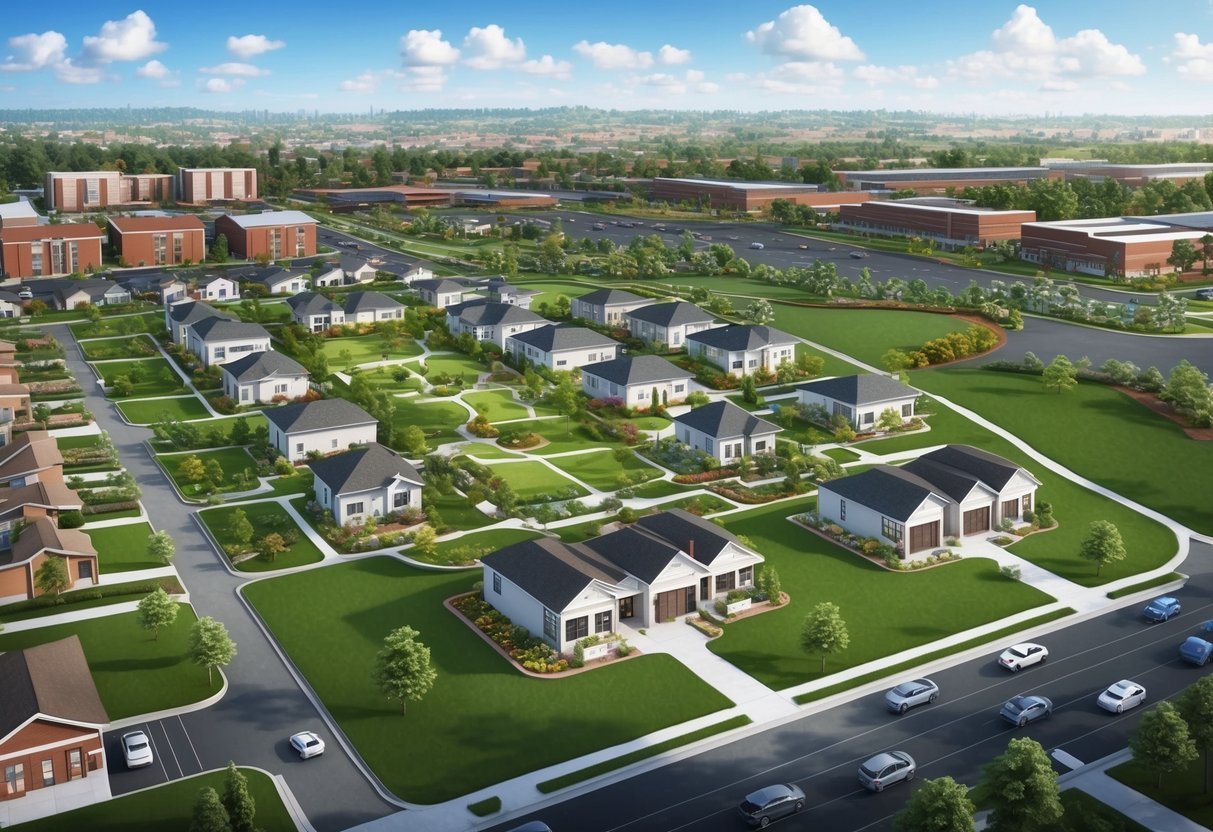 A suburban neighborhood with new homes, parks, and schools surrounded by growing businesses and a bustling real estate market