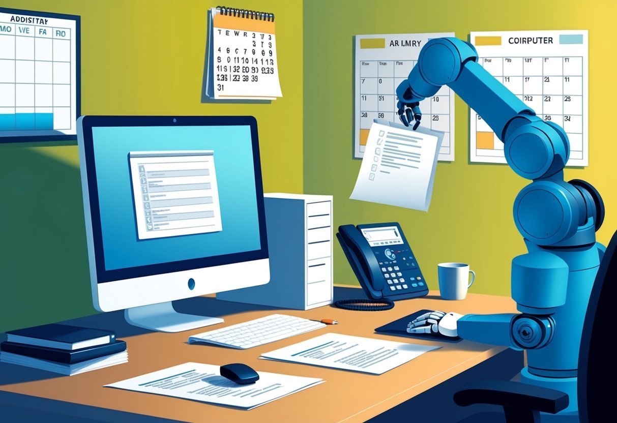 Blue robot arm working at a desk with computer, calendars, and paperwork