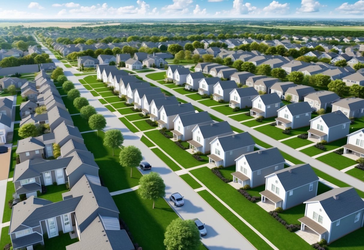 Aerial view of a suburban neighborhood with rows of houses, green lawns, and tree-lined streets.</p><p>New construction and development can be seen expanding the community