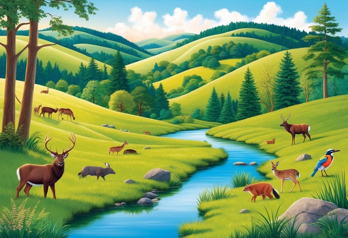 A serene rural landscape with rolling hills, lush forests, and diverse wildlife.</p><p>A clear stream winds through the scene, reflecting the vibrant natural surroundings