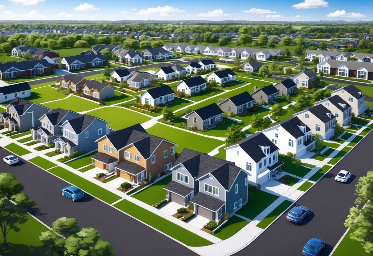 A suburban neighborhood with a variety of housing styles, including duplexes, townhouses, granny flats, and multi-generational homes, surrounded by parks and community amenities