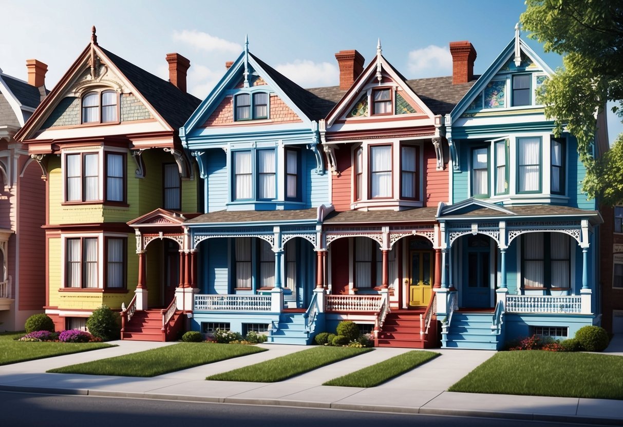 A row of colorful restored Victorian houses, each with unique architectural details, nestled in a quaint neighborhood setting