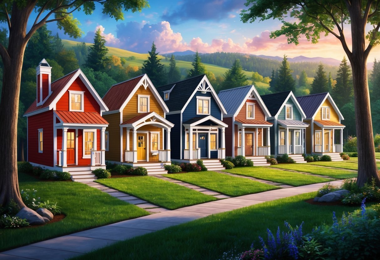 Row of colorful houses with green lawns and a mountain backdrop