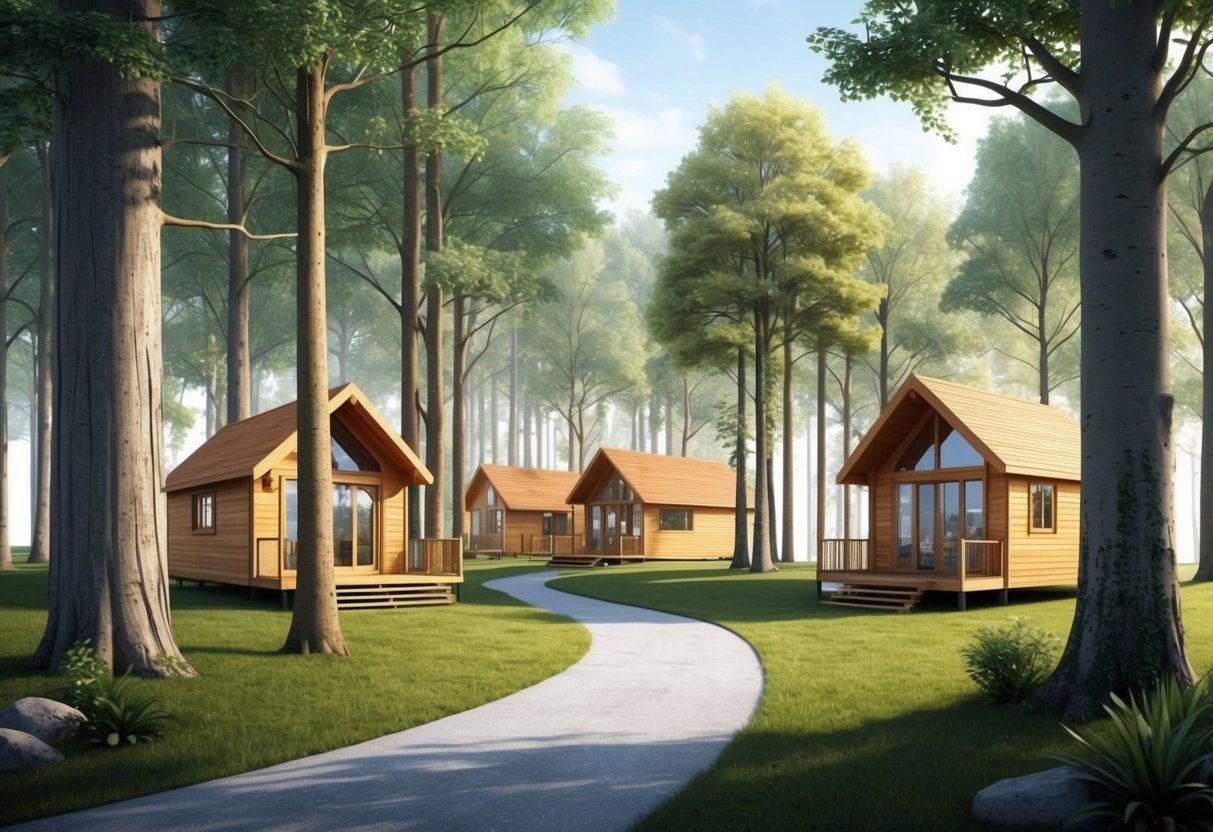 A serene forest setting with several eco-friendly timber cabins nestled among the trees, showcasing a variety of unique and sustainable architectural designs