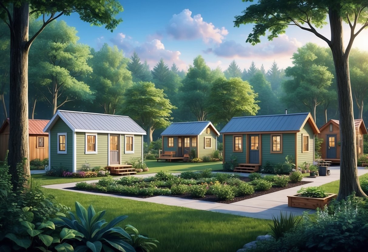 A serene tiny home community nestled in a lush forest, with cozy cabins and communal gardens, exuding a sense of sustainable living and tranquility