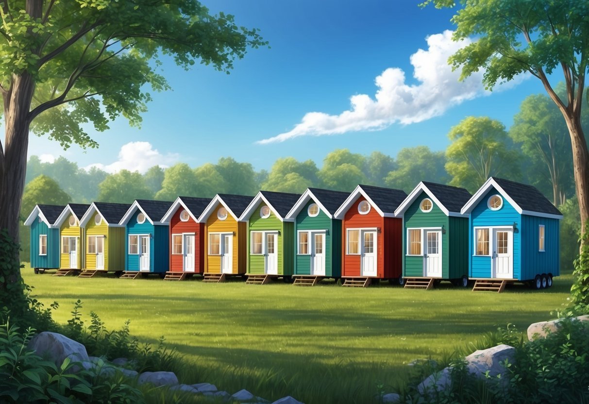 A row of colorful tiny homes nestled in a serene natural setting, surrounded by lush greenery and a clear blue sky