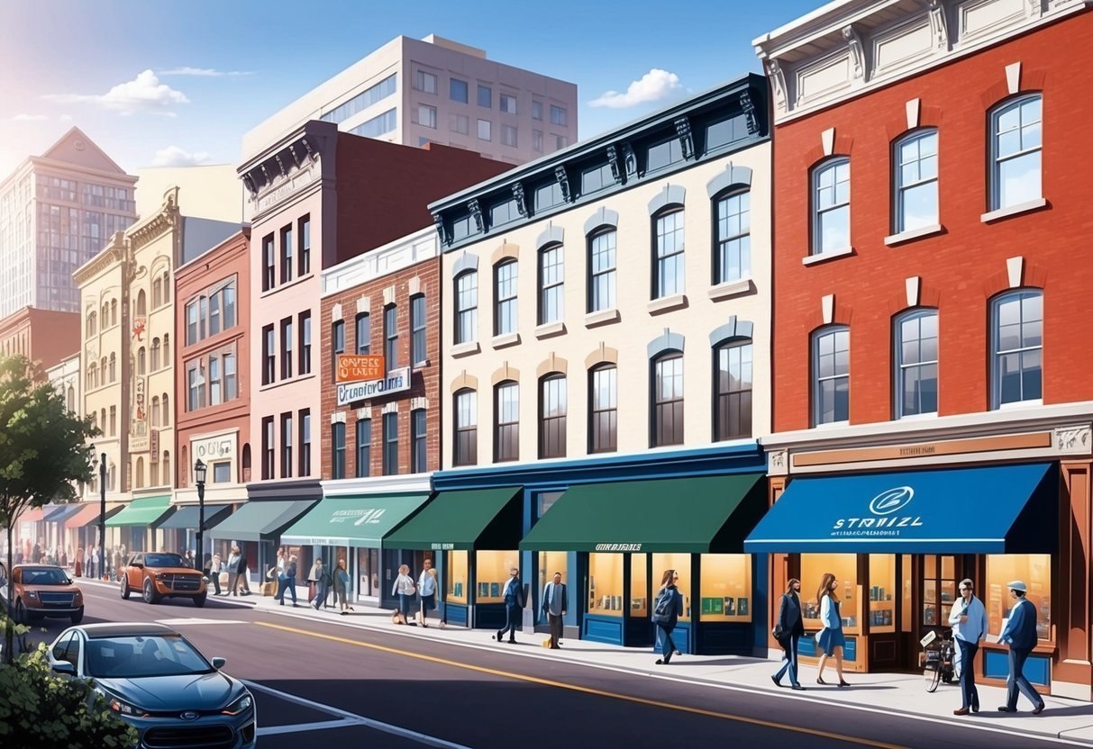 Street view of a row of shops with people walking and cars parked