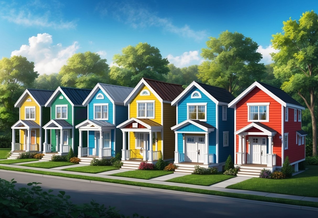 A row of colorful tiny homes with various designs, surrounded by lush greenery and a clear blue sky