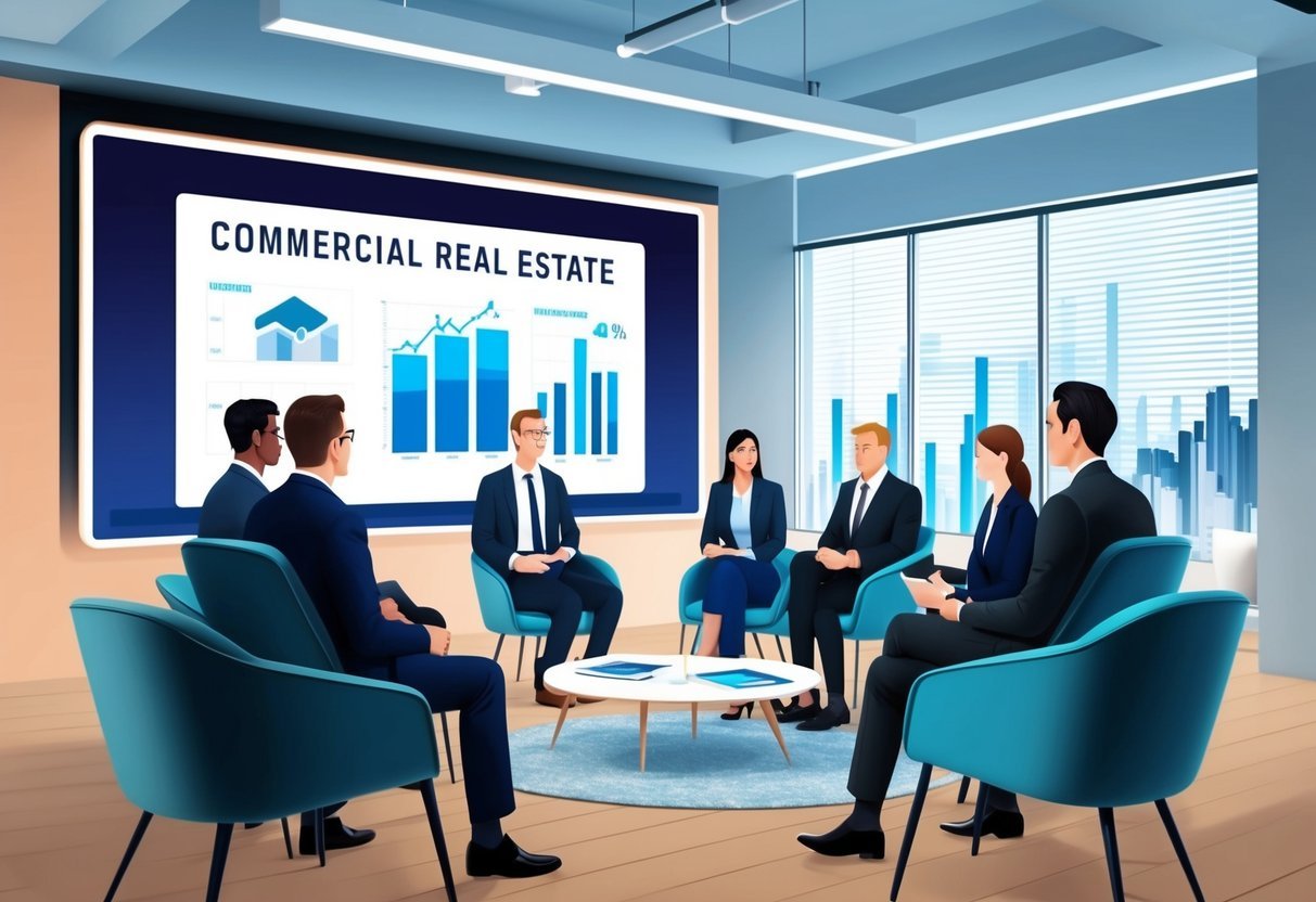 A small group of investors discussing commercial real estate options in a modern office setting, with charts and graphs displayed on a large screen