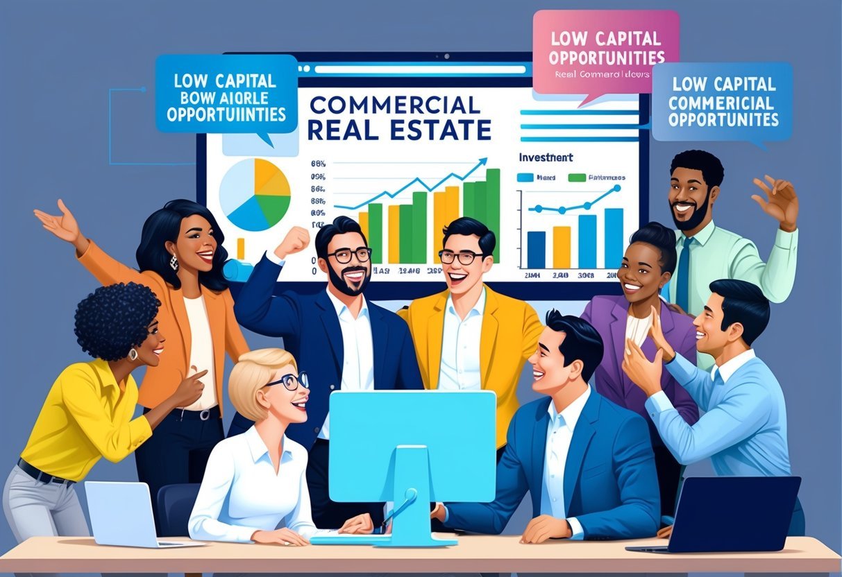 A group of diverse individuals gather around a computer, excitedly discussing investment options in commercial real estate.</p><p>Charts and graphs are displayed on the screen, emphasizing low capital opportunities