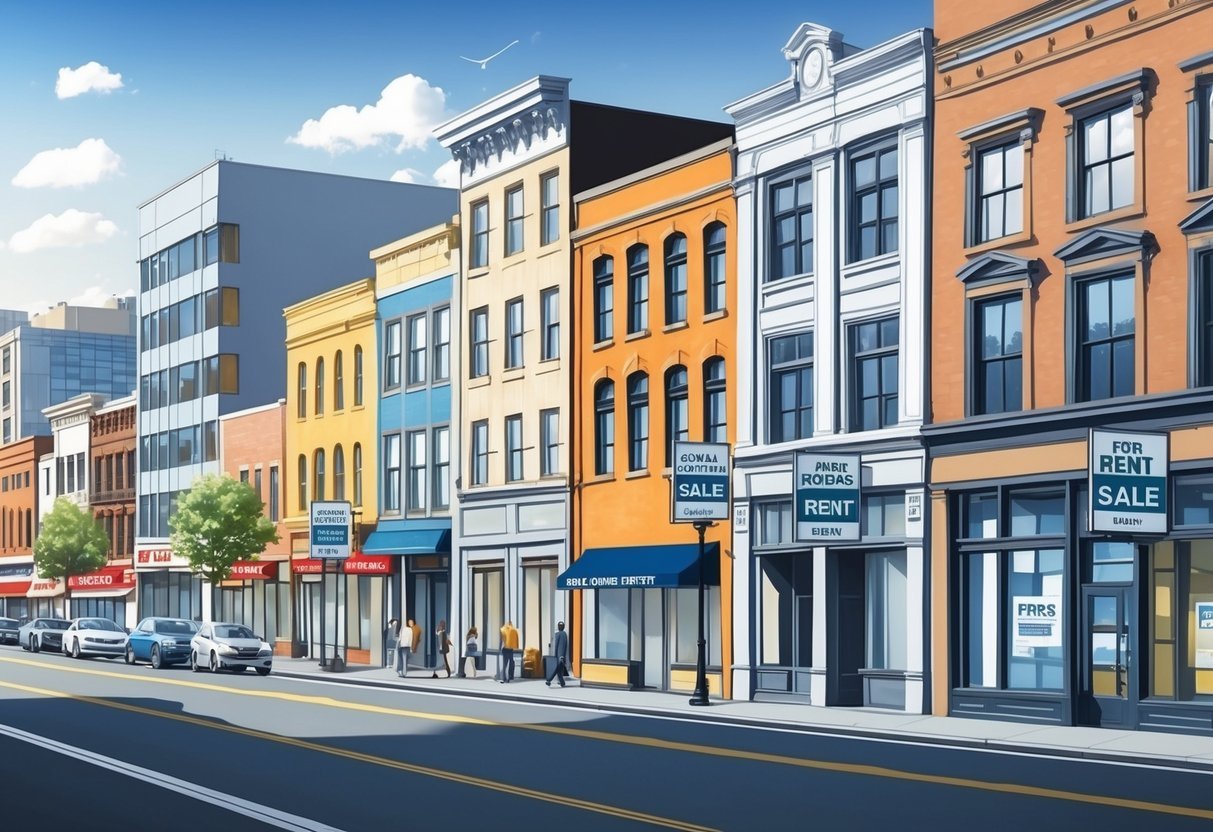A busy city street with diverse commercial buildings, including small shops and office spaces.</p><p>A mix of modern and older architecture, with signs advertising available spaces for rent or sale