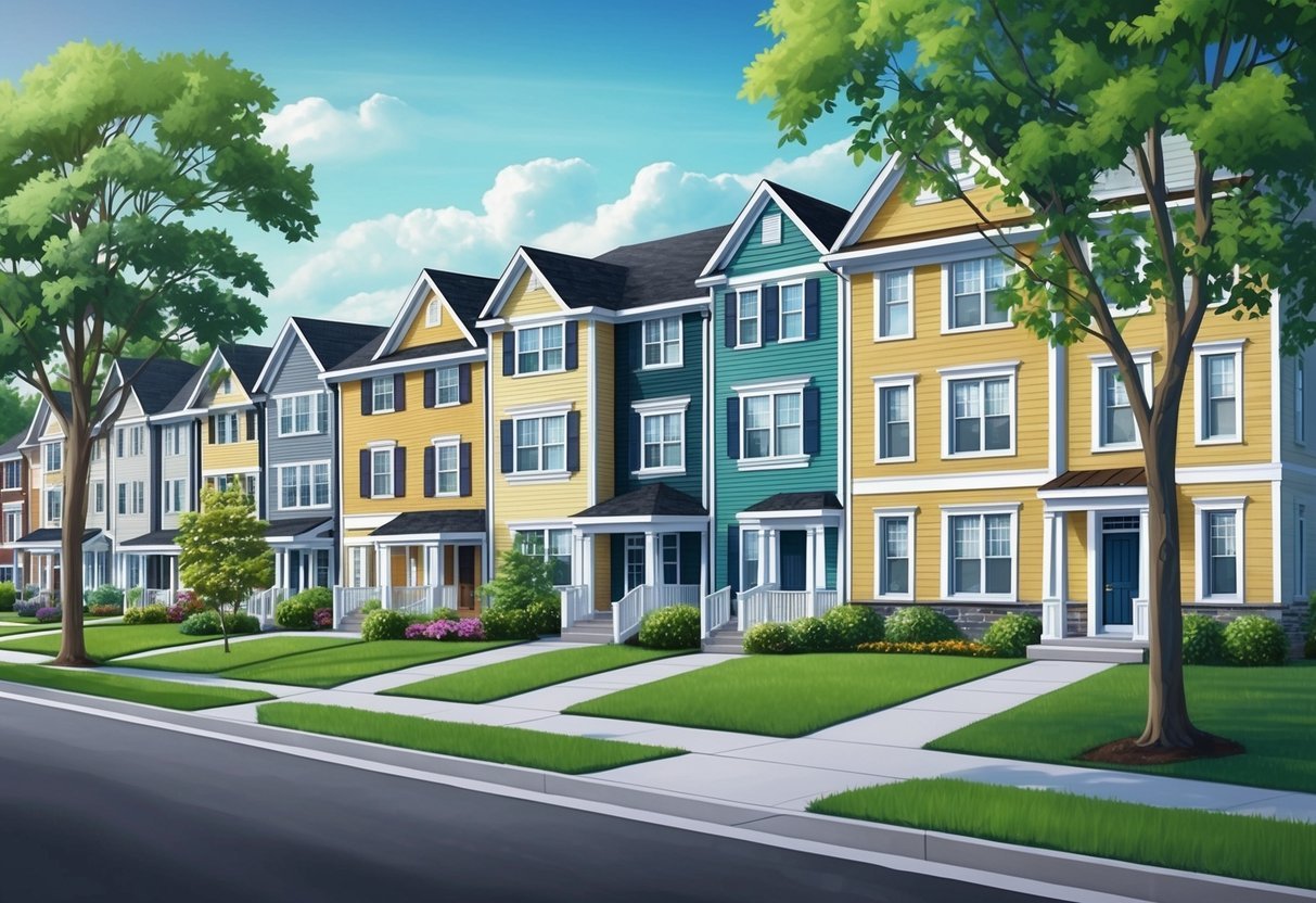 A row of diverse residential properties, from single-family homes to apartment buildings, surrounded by trees and greenery, with a clear focus on long-term investment and wealth building through real estate