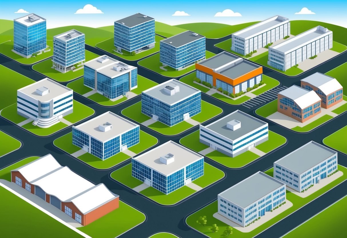 A diverse group of commercial real estate properties, including office buildings, retail spaces, and industrial warehouses, situated in various locations with minimal capital investment