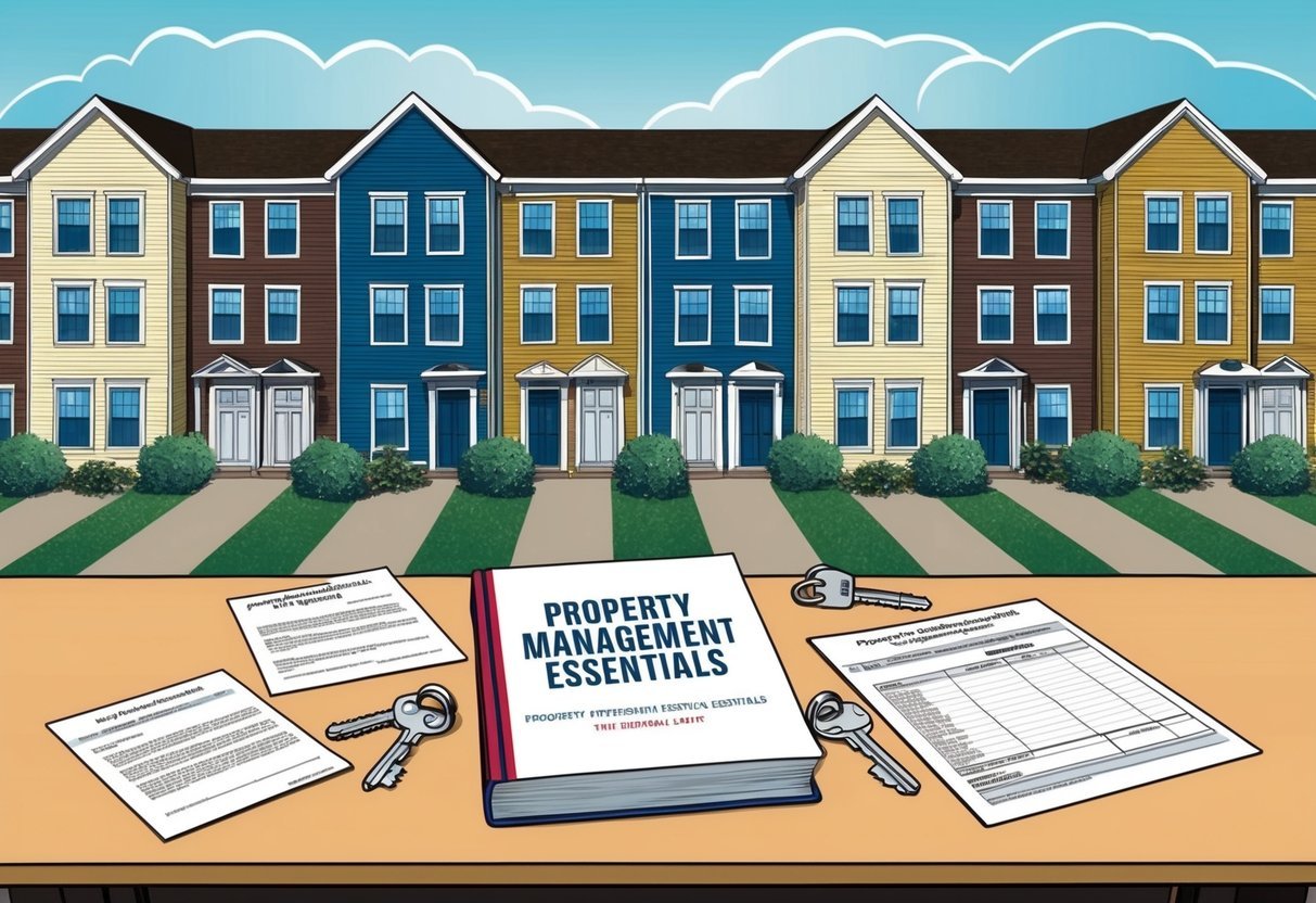 A row of residential buildings with "Property Management Essentials" book on a table, surrounded by keys, rental agreements, and financial documents