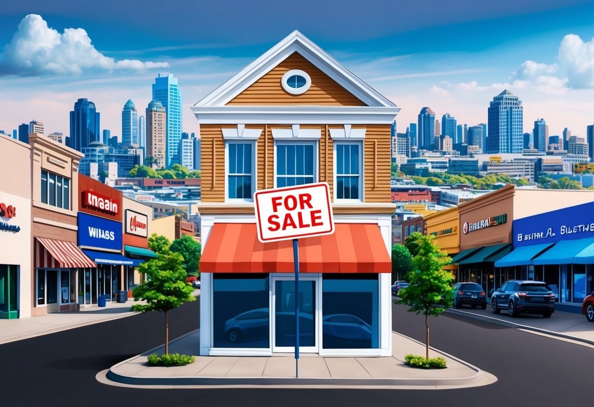 A small commercial building with a "For Sale" sign, surrounded by a diverse mix of businesses and a bustling cityscape in the background