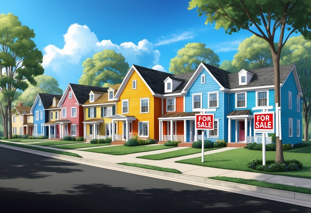 A row of colorful houses with "For Sale" signs, surrounded by trees and a clear blue sky