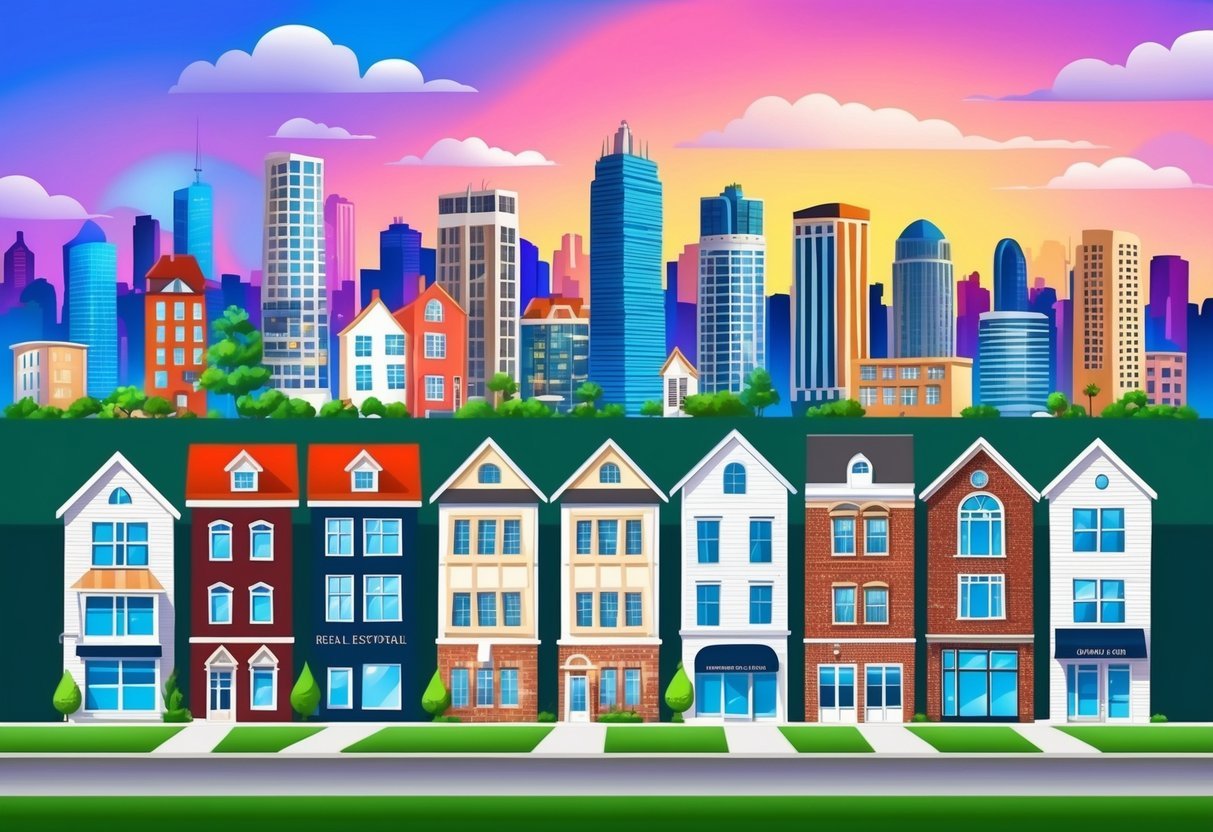 A row of diverse real estate properties, including houses, apartments, and commercial buildings, set against a backdrop of a vibrant city skyline