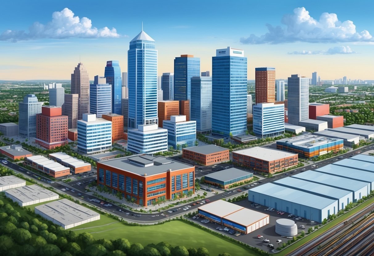 A bustling city skyline with various commercial buildings, including office towers, retail spaces, and industrial warehouses, surrounded by a mix of urban infrastructure and green spaces