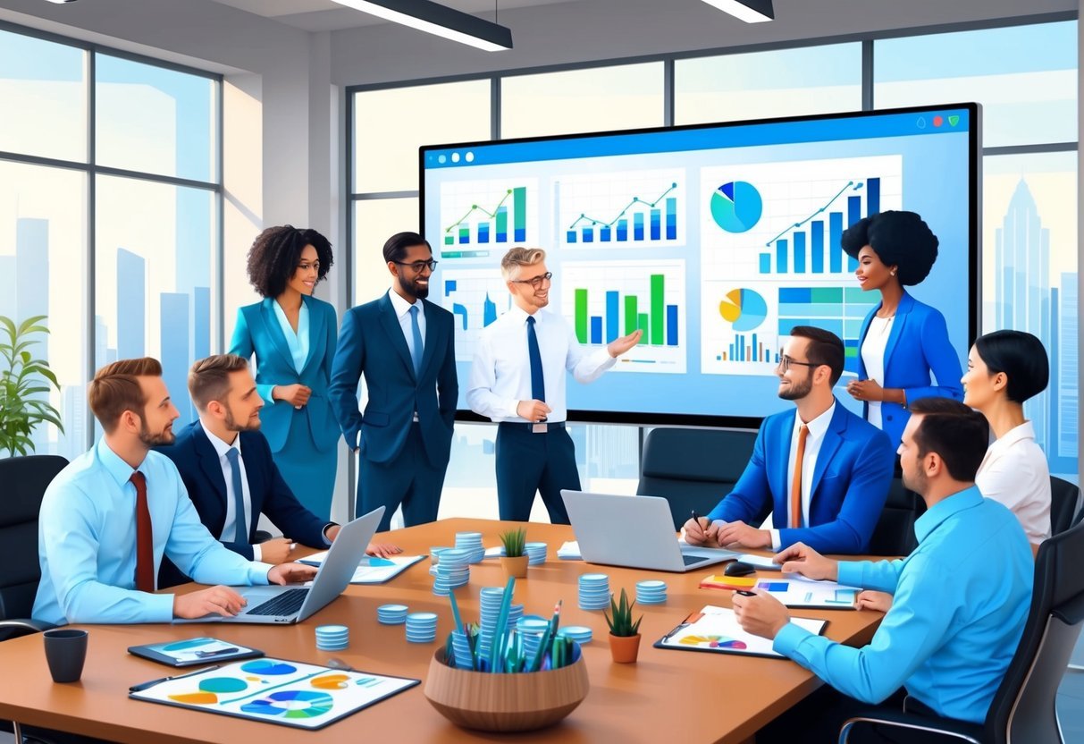 A diverse group of people discussing and brainstorming investment strategies in a modern office setting with charts and graphs displayed on a large screen