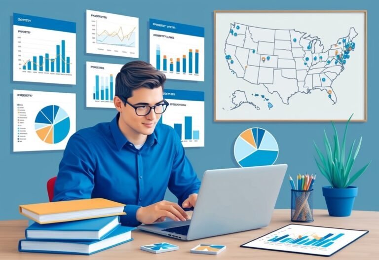 Man working on laptop with charts, graphs, and a map of the US