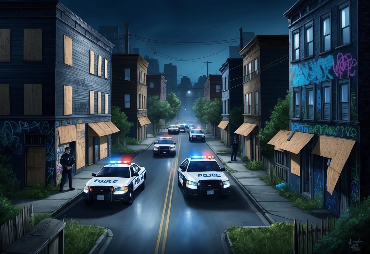 Police cars with flashing lights on a street lined with boarded-up buildings