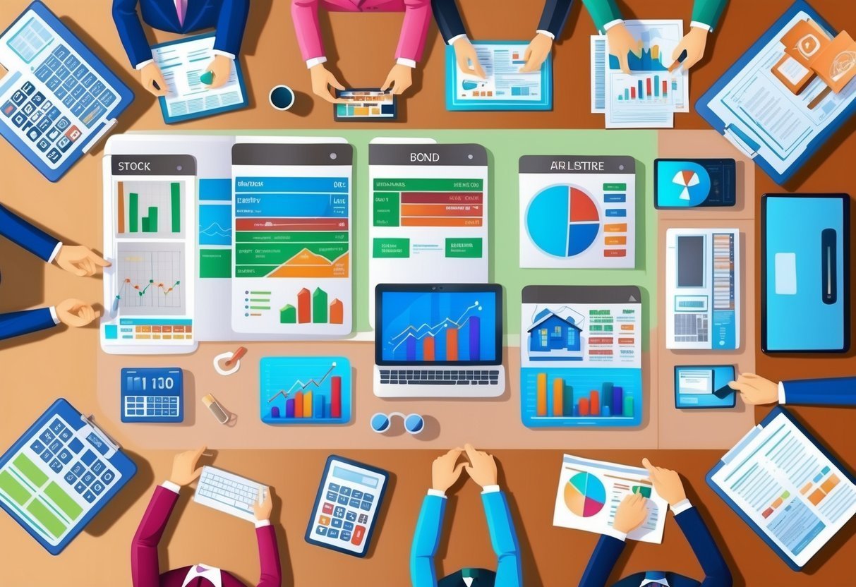 People around a table reviewing financial reports and charts