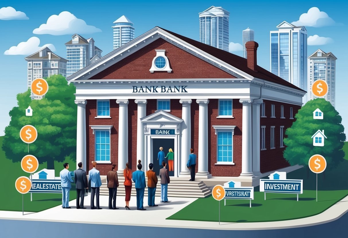 A traditional bank building with a line of people waiting to enter, surrounded by real estate properties and investment symbols