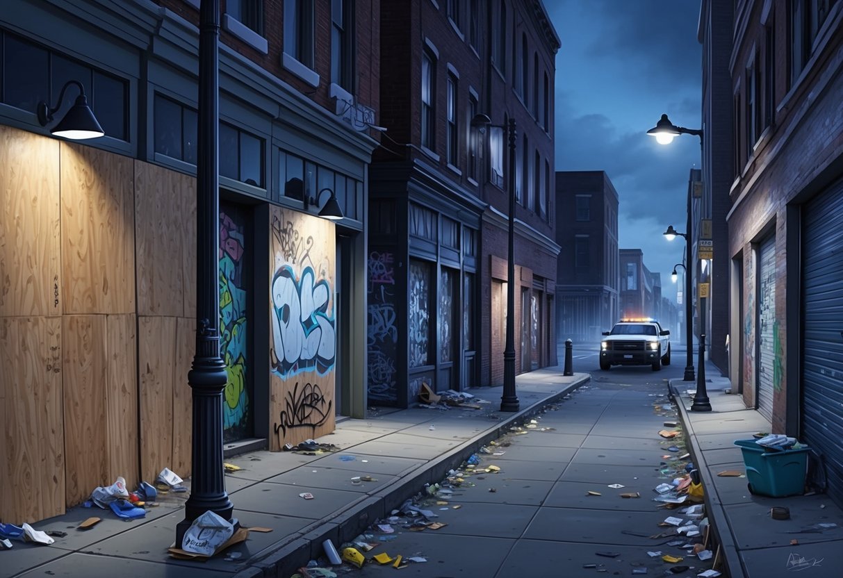 A dimly lit urban street with boarded-up buildings, graffiti-covered walls, and broken streetlights.</p><p>Trash litters the sidewalks, and a police car patrols in the distance
