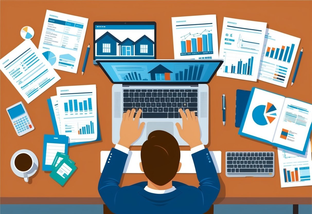 A person sitting at a desk, surrounded by financial documents and a laptop, contemplating real estate investment options