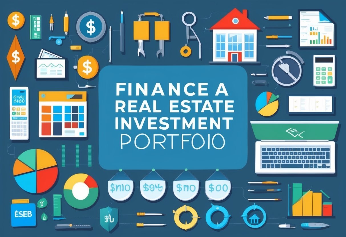 A diverse array of financial tools and resources arranged in a strategic layout, symbolizing the various ways to finance a real estate investment portfolio